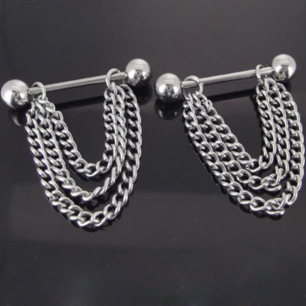 Nipple Piercing ~ Per Pair ~ Triple W/Dangle Silver Chain